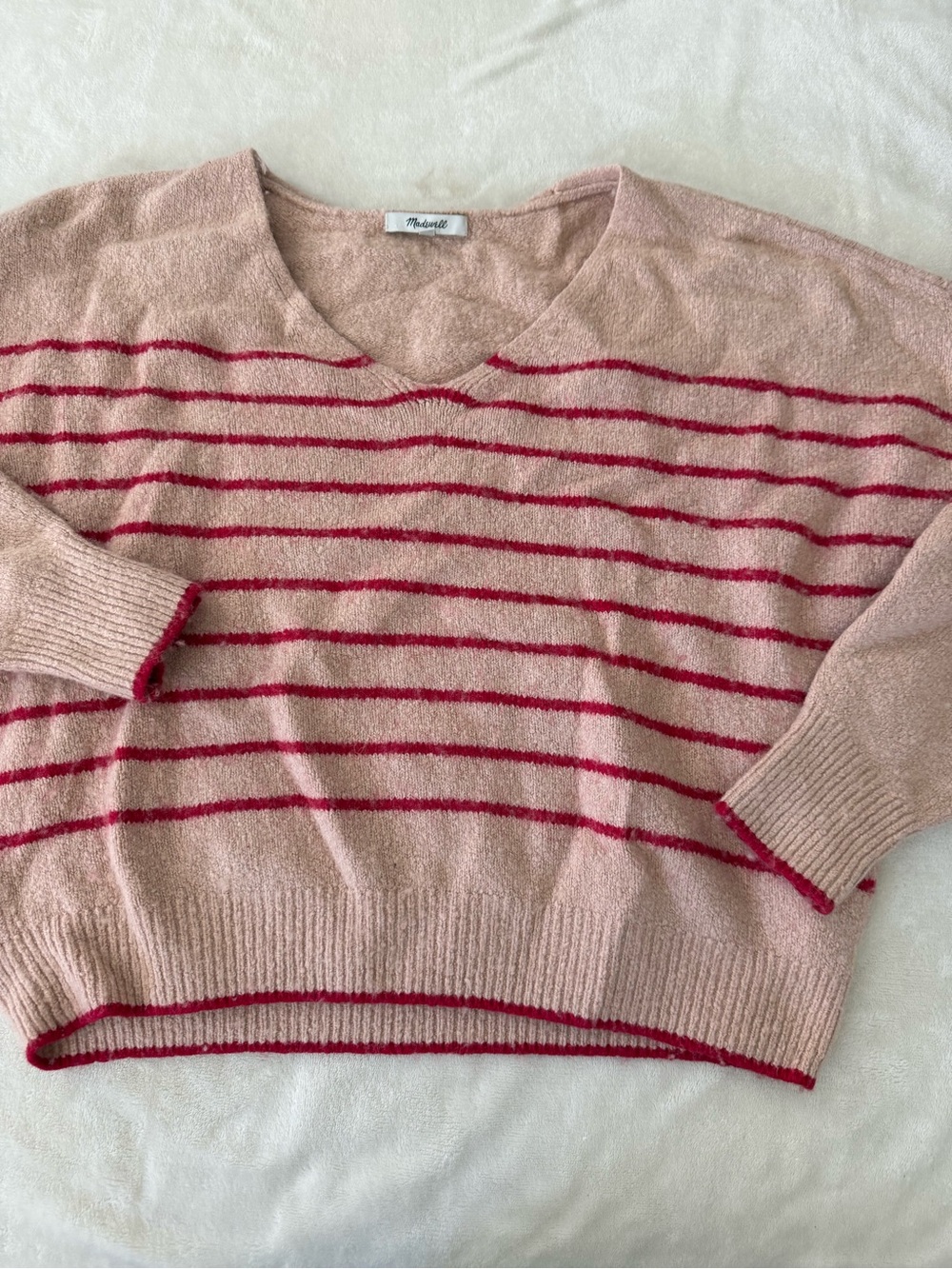 Madewell Wedged V-Neck Sweater Pale Blush Crimson Berry Stripe Cotton Blend D63
